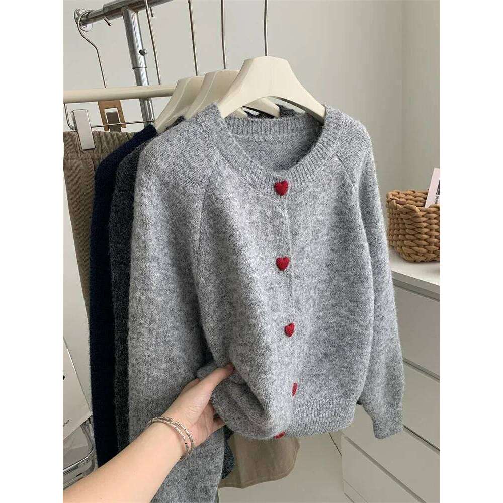 Deep Grey Wool Knitted Cardigan For Women 2025 Autumn Winter Soft And Sticky Warm Love Buckle Shoulder Sleeves Women Sweater Designer Sweater Women