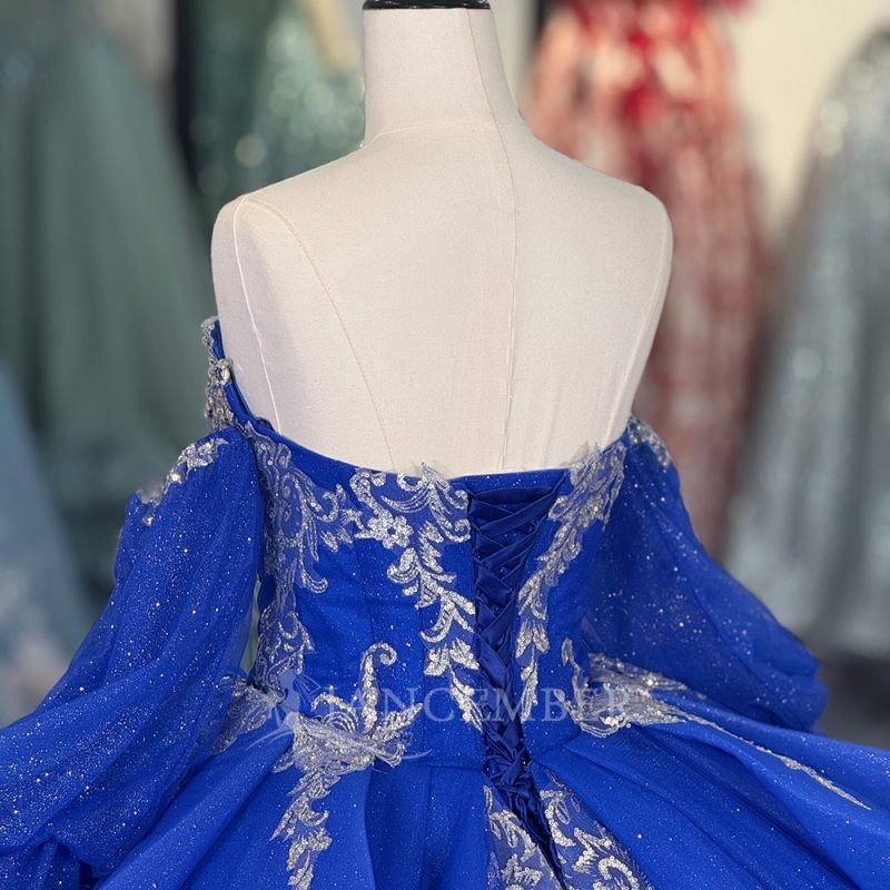 Royal Blue Shiny Quinceanera Dresses Off The Shoulder Applique Lace Beading Crystal Tull Puff Sleeve Party Birthday Sweet 16 Dress Vestidos 15 De Anos