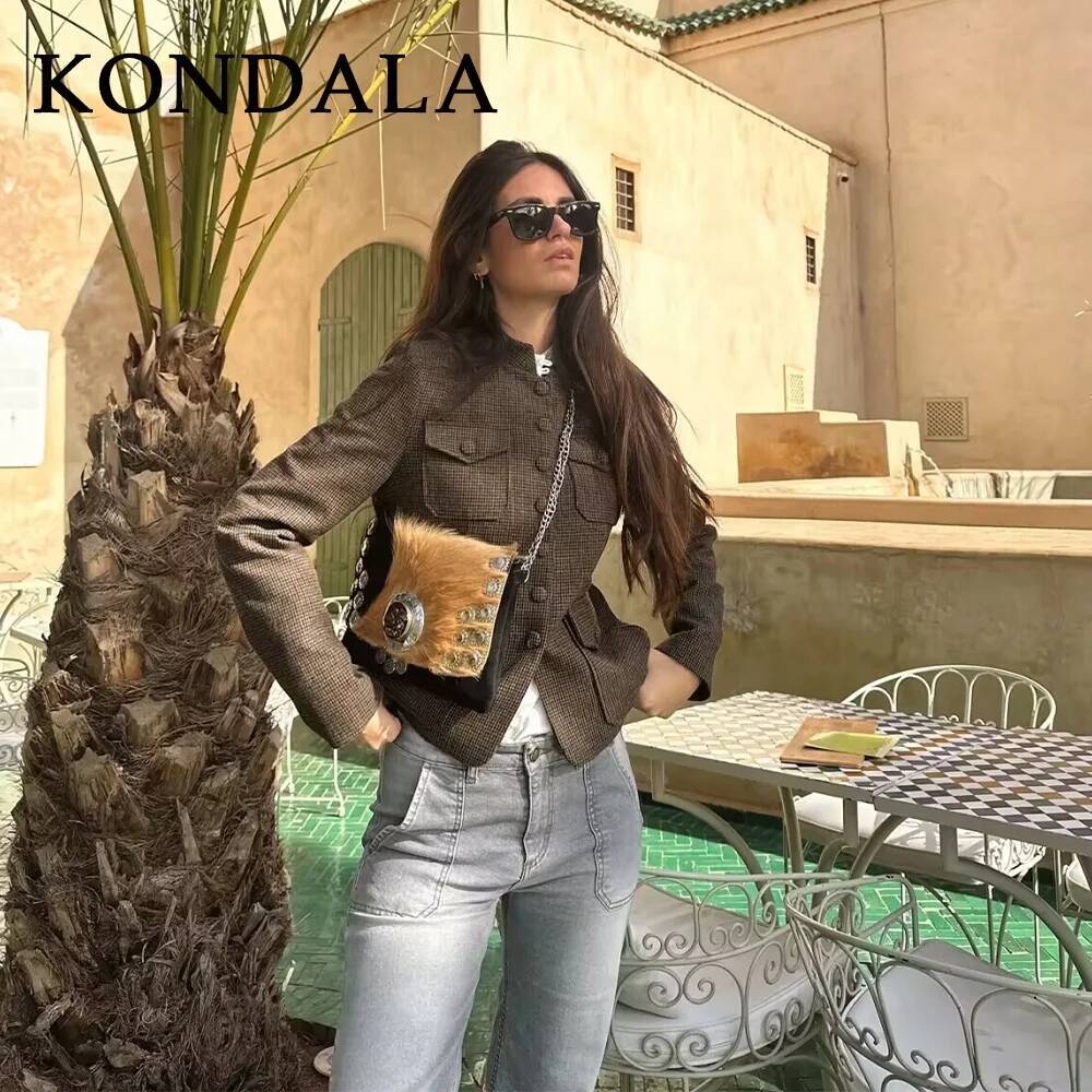 winter jacket women KONDALA Fall Winter Plaid Women's Vintage Fashion Country Brown Single Breasted Pockets Chic Ladies Elegant Jackets