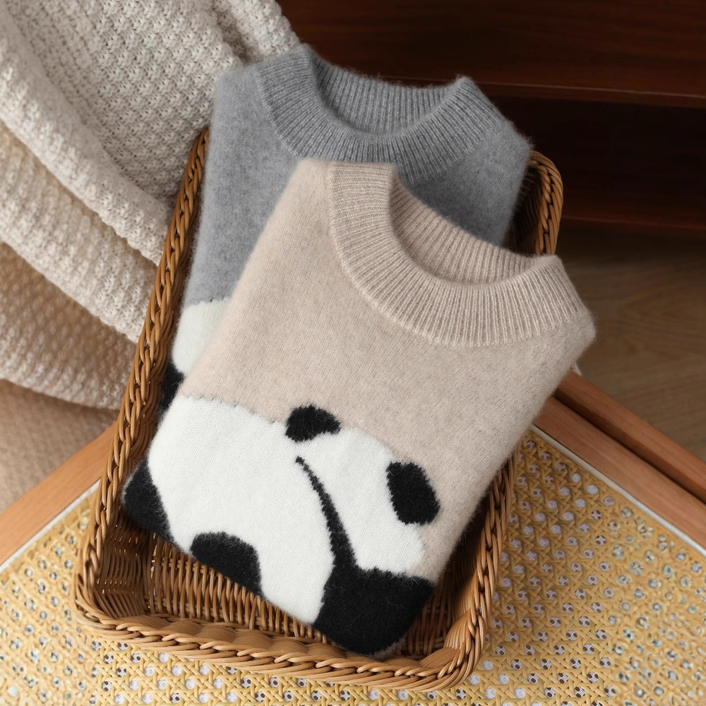Autumn and Winter New Panda Pattern Children's Pure Wool Sweater, Boys' Sweater, Girls' Fashion Base, Boys' Knitted Sweater