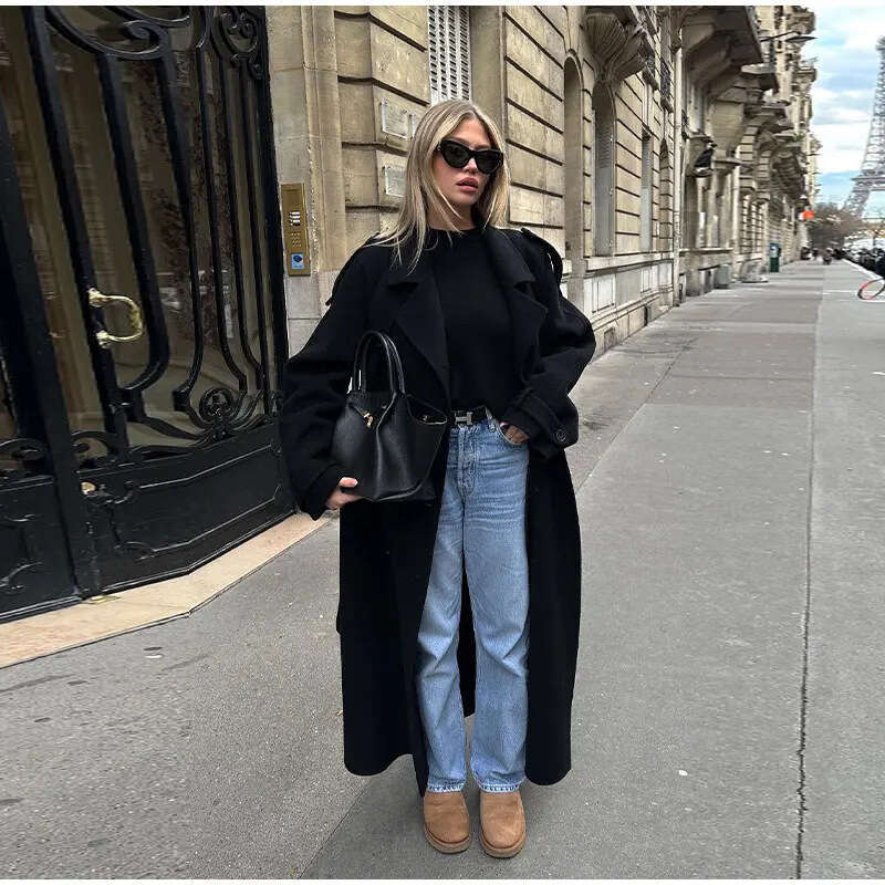 Elegant With Belt Black Long Coat For Women Oversize Woolen Double Button Lapel Overcoat Autumn New Lady High Street Outerwear