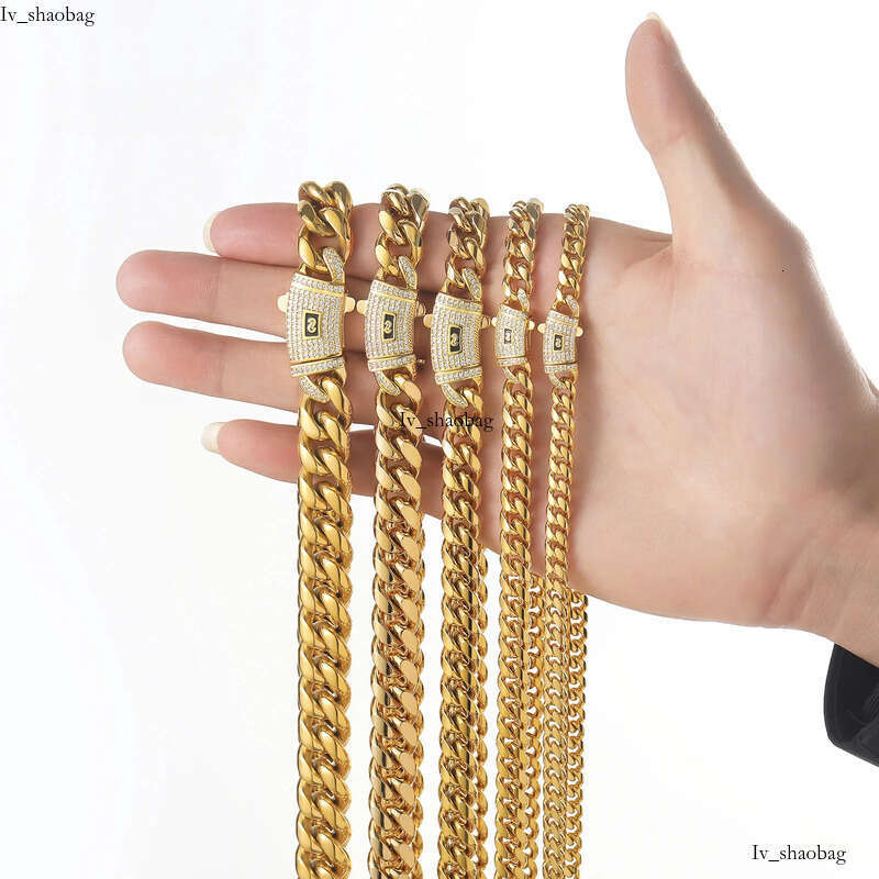 BES 6-14mm Miami Bracelet Set 14K Gold Stainless Steel Monaco Cuban Link Chain Necklace Hip Hop for Men 825 aaa