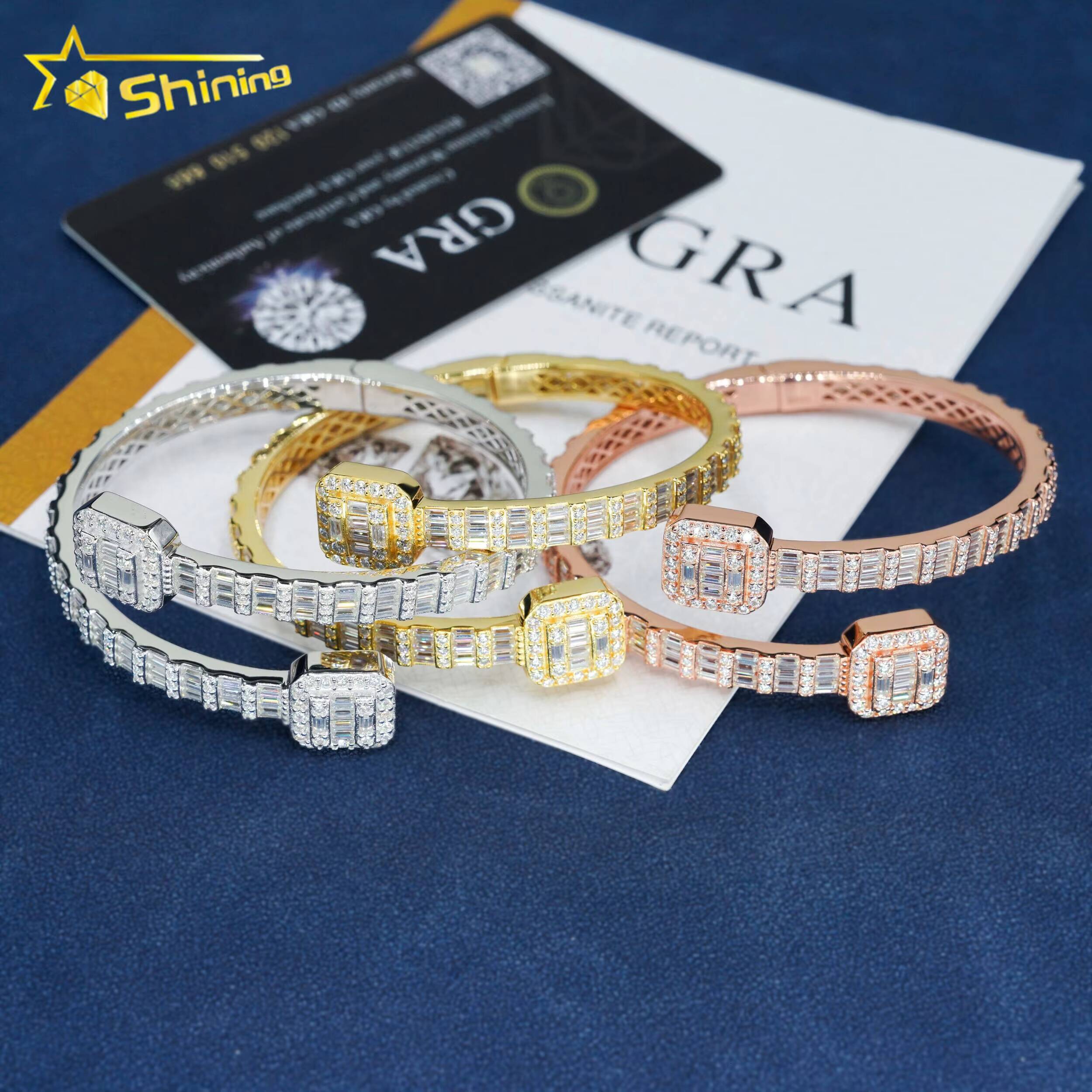 Ready to Ship Factory Wholesale Solid S925 Gold Plated Hip Hop Jewelry Classic Bracelet VVS Moissanite Bangles