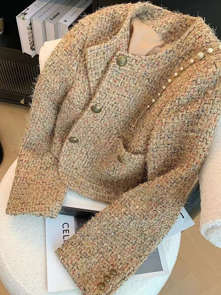 Vintage Tweed Jacket Women Korean Elegant Single Breasted O Neck Crop Coats Y2K Autumn Office Lady Casual Outwear 251027