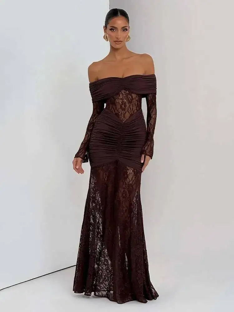 Townlike Pleated Slim Bodycon Maxi Long Dress Women Off Shoulder 2025 Autumn Winter Dress Lace Patchwork Sexy Party Dresses 251027