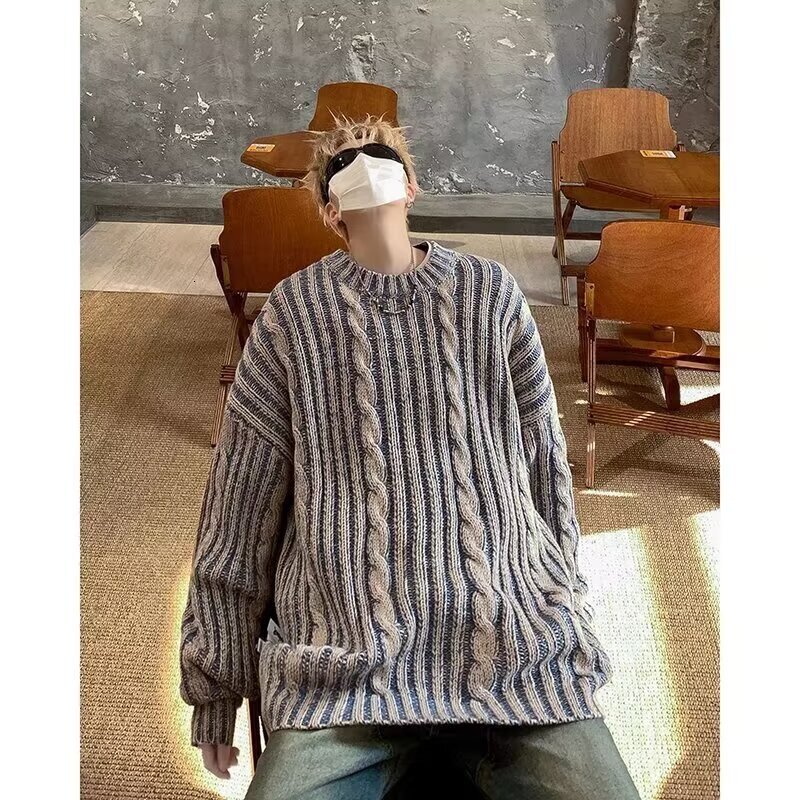 Men's High-end Sweater Autumn Winter Korean Style Striped Color-block Designer Sweater Crew Neck Casual Couple Knitwear