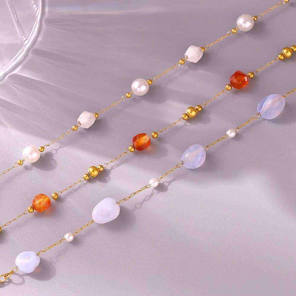 Gorgeous Orange Beige Necklace Bracelet Women Set Stainless Steel Nature Stones Beaded Pendant Female Necklaces Jewelry