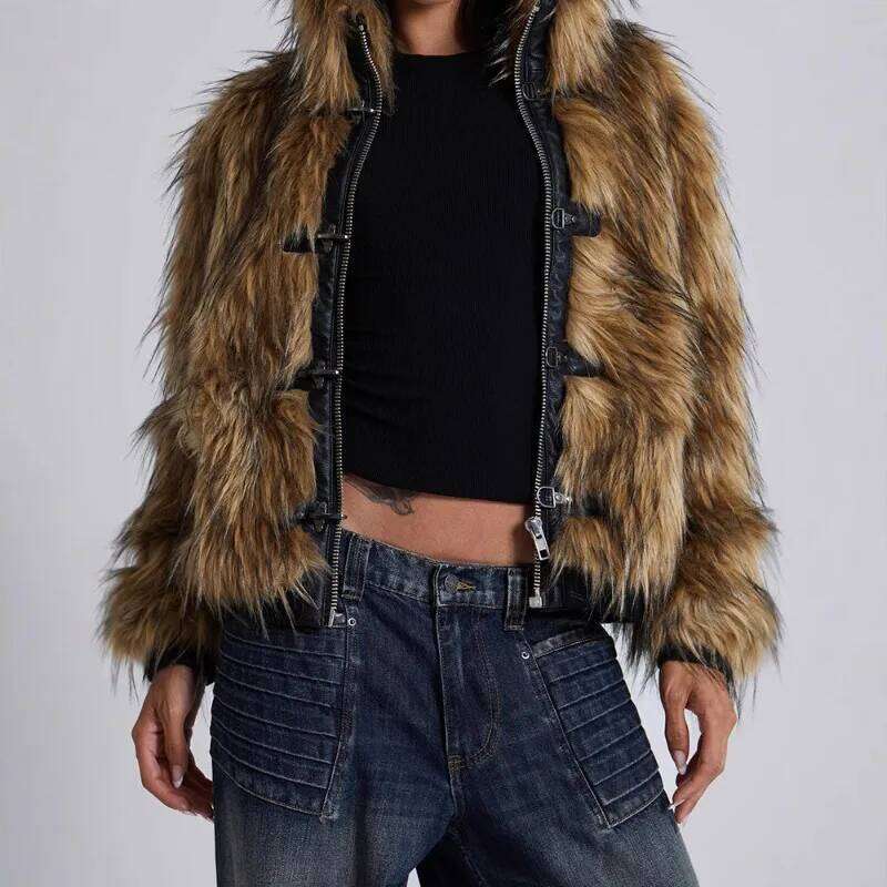 Winter High Street Leather Shaggy Patchwork Short Warm Thick Coat Hooded Fluffy Faux Fur Jacket Women Design Coats