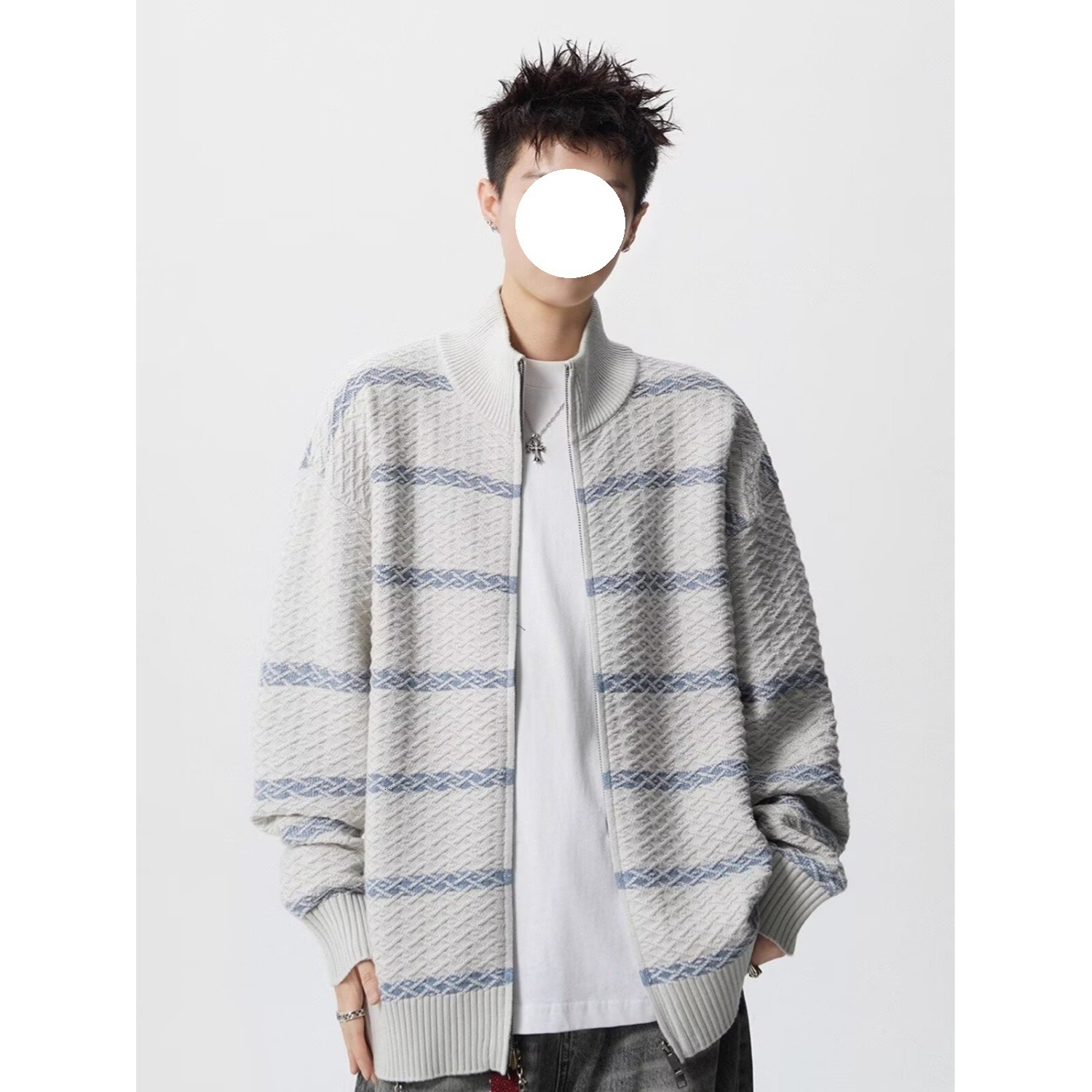 Striped Stand Collar Patchwork Knit Designer Sweater Sweater For Men Autumn American Style Loose Casual Sweater Youth Loose Cardigan Jacket