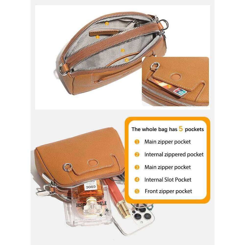 Zency New Beige Brown Small Genuine Leather Women Purse Lady Shoulder Crossbody Phone Bag For Daily Use