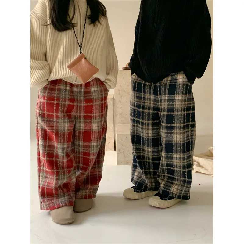 Kids Plaid WideLeg Wool Pants Boys Girls Winter Clothes Warm Autumn Winter BottomsT251027