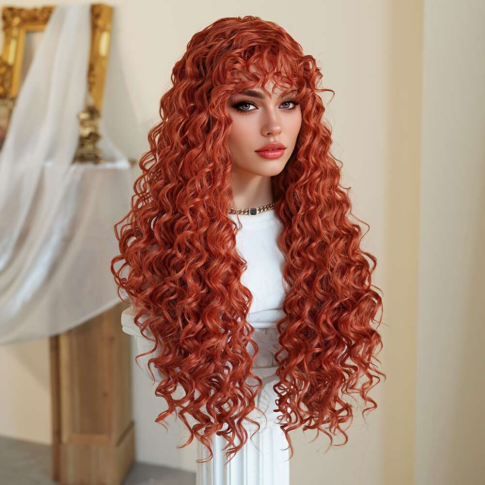 Costume Long Deep Orange Brown With Bangs High Density Fluffy Curly Wave Wig Heat Resistant Synthetic For Women Daily Party Use Music Festival Hallowe