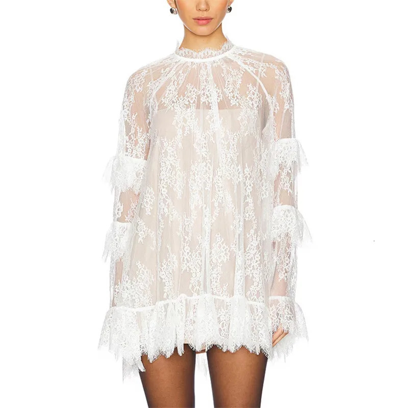 hirigin Women Lace Sheer Dress Sexy See Through Mesh Long Sleeve High Neck Floral Cover Up Cocktail Party Mini Dresses 251027