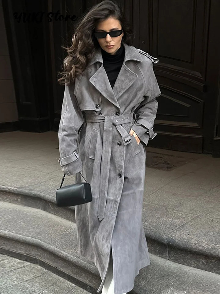 Fashion Suede Long Coat Women Belt Double Breasted Full Sleeve Brown Windbreaker Autumn Winter Lady Street Outwears 251027