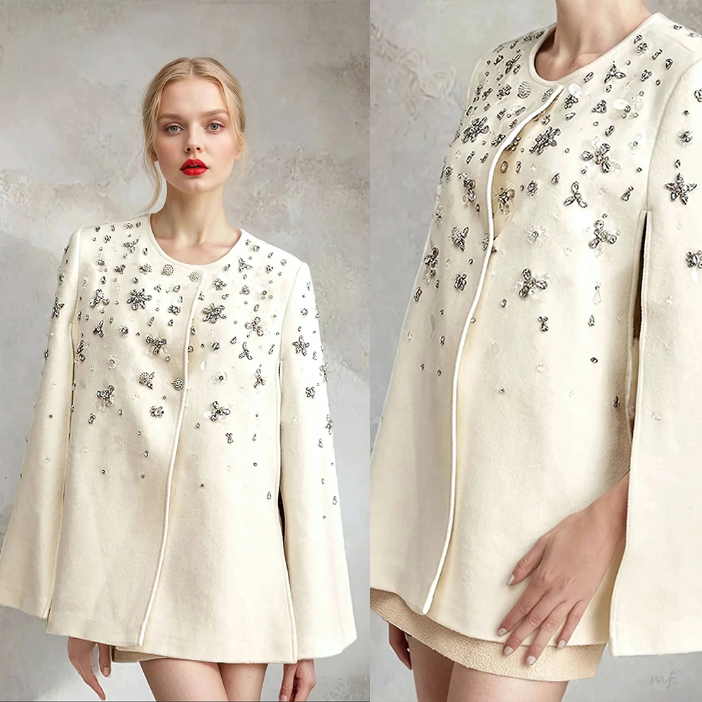 Fashion Crystal Woolen Coat For Women Warm Jewel Neck Single Breasted Jacket Only Blazer Custom Made