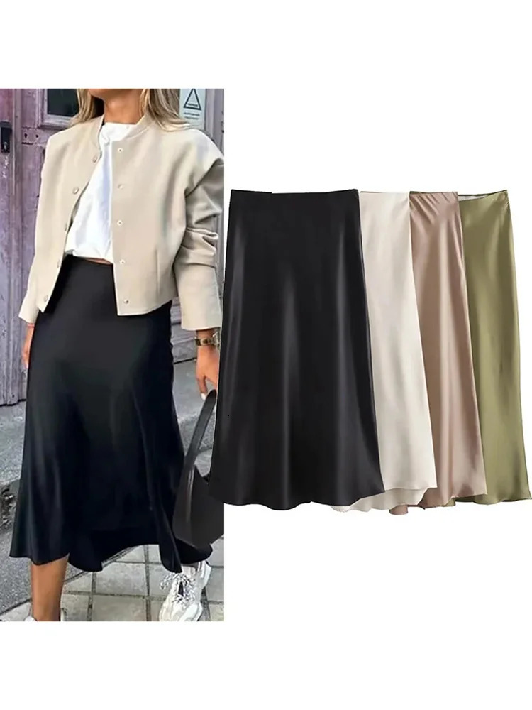 2025 Black Satin Skirt Woman High Waist Elegant Long Skirts For Women Fashion Summer Midi Skirt Office Womens Skirts 251013