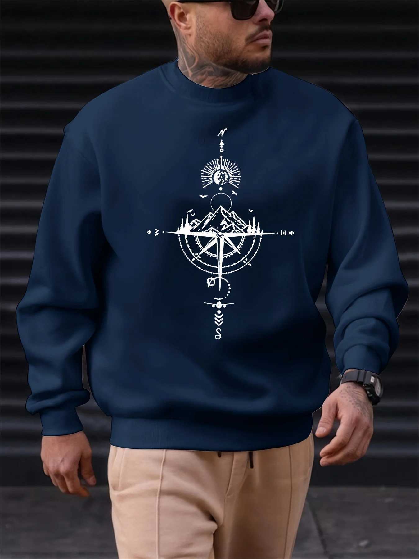 Mens autumn and winter fashionable casual loose compass and mountain graphic printed long sleeved round neck sweatshirt W251027