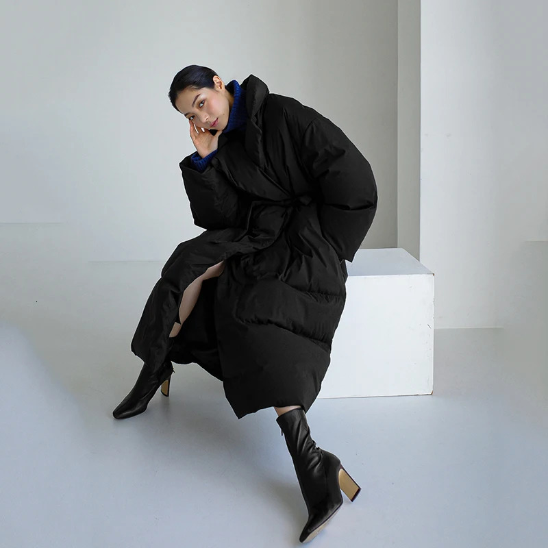 Winter Stand Collar Long Down Jackets Loose Belt Sleeve Warm Coat Fashion Solid Cotton Padded Overcoat Women 251027