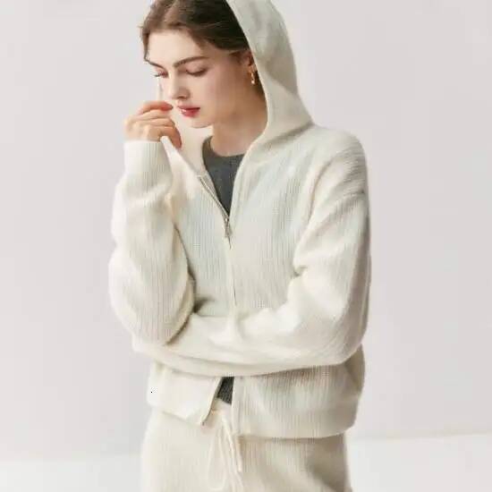 Old Qian Feng Cashmere Suit Women Hooded Loose Cardigan Wide-Leg Pants Autumn And Winter Thick Knitted Coat