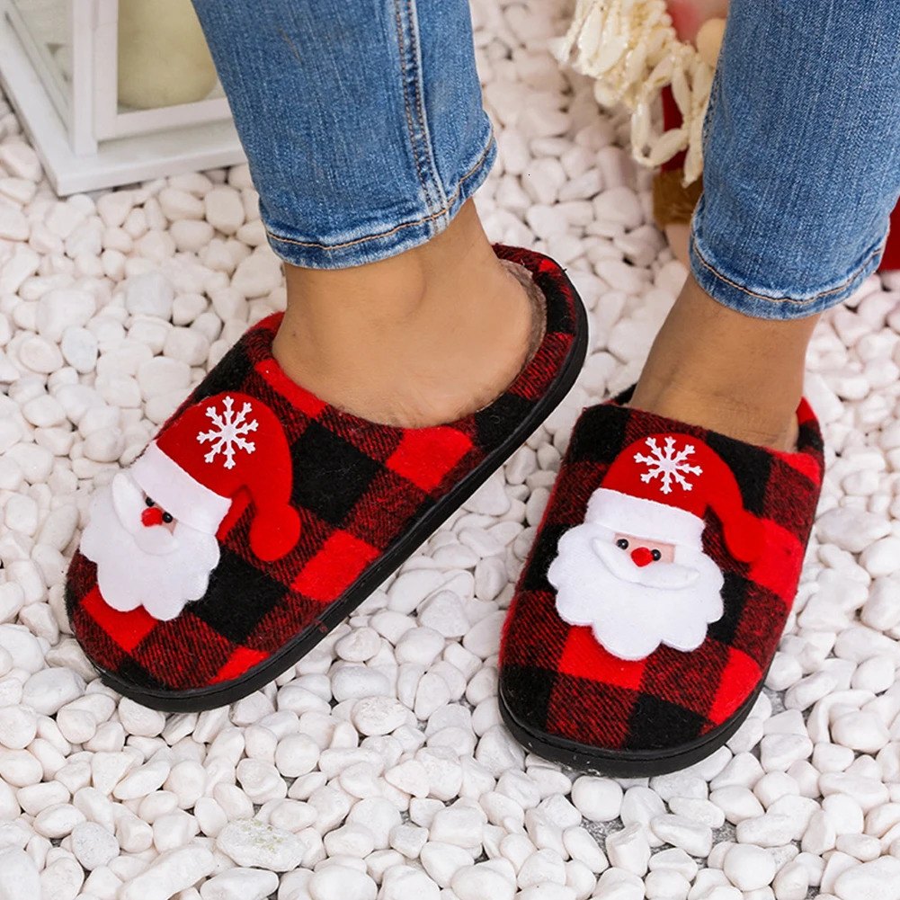Christmas Fluffy Fur Slippers Cozy Santa Claus Plush Closed Toe Slippers Flat Plush Slipon House Shoes Plaid Household Supplies 251027