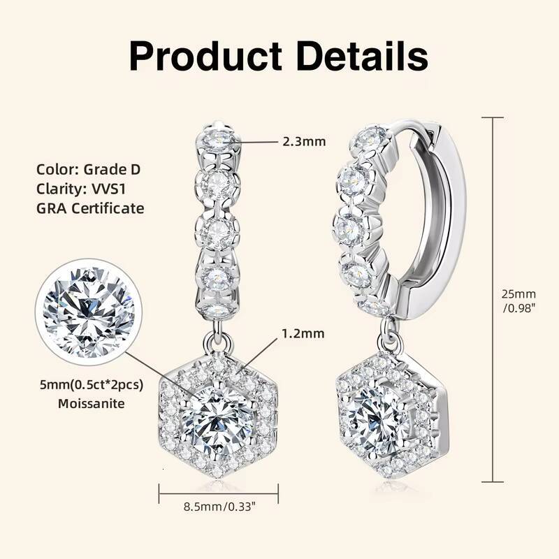 Luxury High Quality Jewelry 925 Sterling Silver Round Cut Stone 5mm D Color VVS1 Moissanite Ladies Earrings for Women