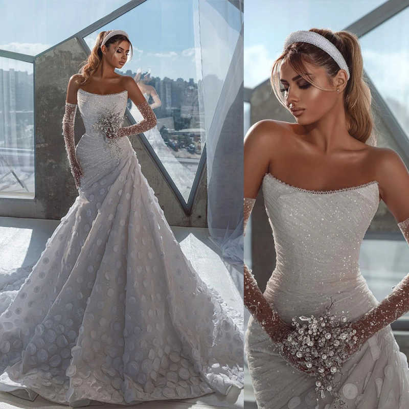 Classic Strapless Appliquins Lace Sleeveless Mermaid Bride Wedding Dresses Bridal Gowns Sequined Beads Bride Robe Customized