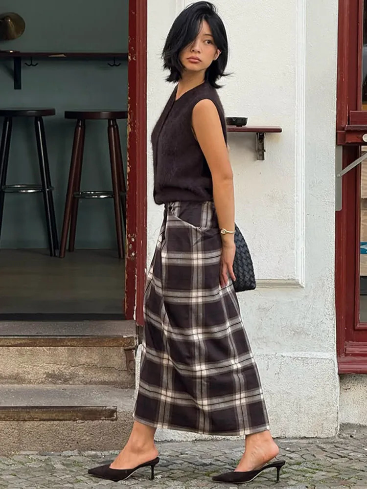 Draped Checked Midi Skirt Women Casual Pleated Irregular High Waist Slim Midlength Bottom Lady Daily Commute Street Skirts 251027