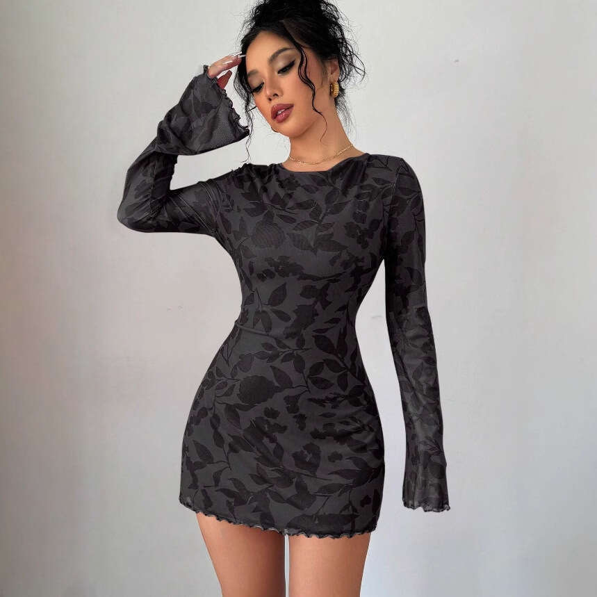 2025 Sexy Fashion New Printed Backless Elegant Flared Sleeve Short Dress