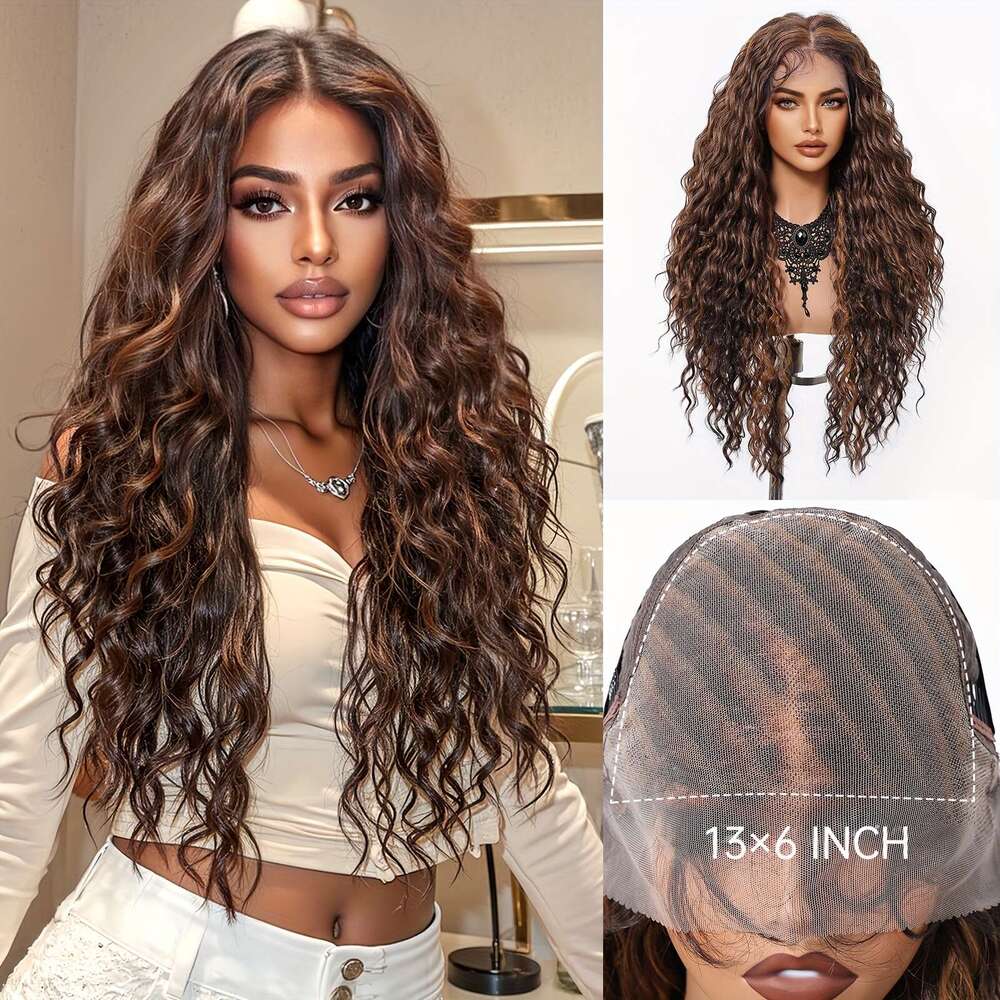 13X6 HD Transparent Front 26Inch Highlight Brown Curly Wave Synthetic Glueless Lace Wig High Temperature Chemical Fiber Daily Wear&Christmas&Music