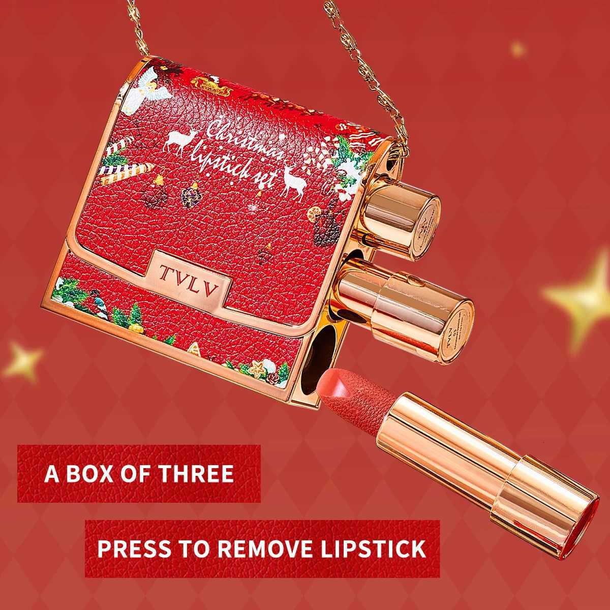 Christmas Matte Lipstick Set Retro Lip Stick Long Lasting Waterproof Smudge Proof Retractable Red Lipstick with Chain Retro Bag W251027
