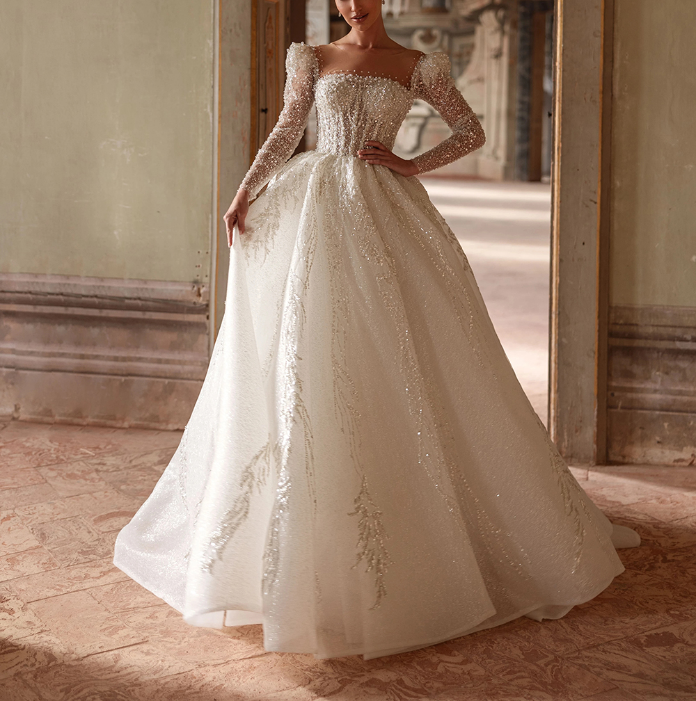 Elegant A Line Women Wedding Dress Sheer Neck Long Sleeves Bridal Gowns Sequins Pearls Sweep Train Dress Custom Made vestidos de novia