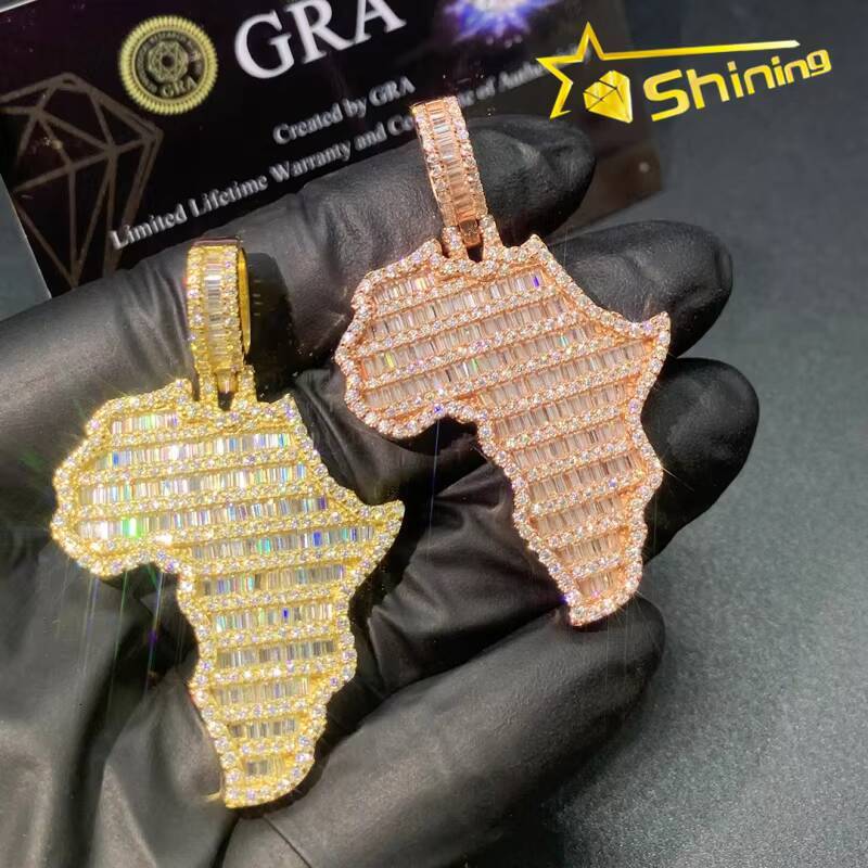 Hip Hop Map Moissanite Pendant Custom Iced Out 925 Sterling Silver VVS Moissanite Pendant Charms Necklace