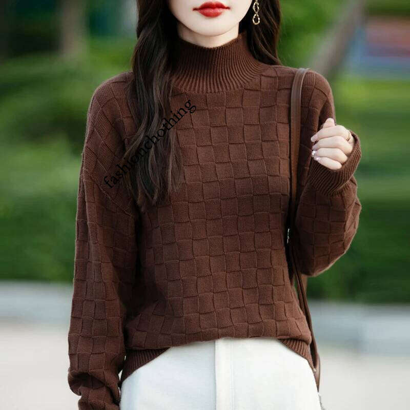 Autumn and Winter New Women's 100% Cotton Sweater Half High Collar Pullover Shirt Square Pattern Loose Fashion Knitted Top