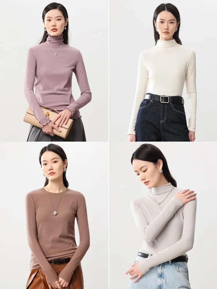 SuyaDream Women Bottoming T Shirt Silk Viscose Blend Long Sleeves Solid Basic Thermal Shirt Autumn Winter Top 251027