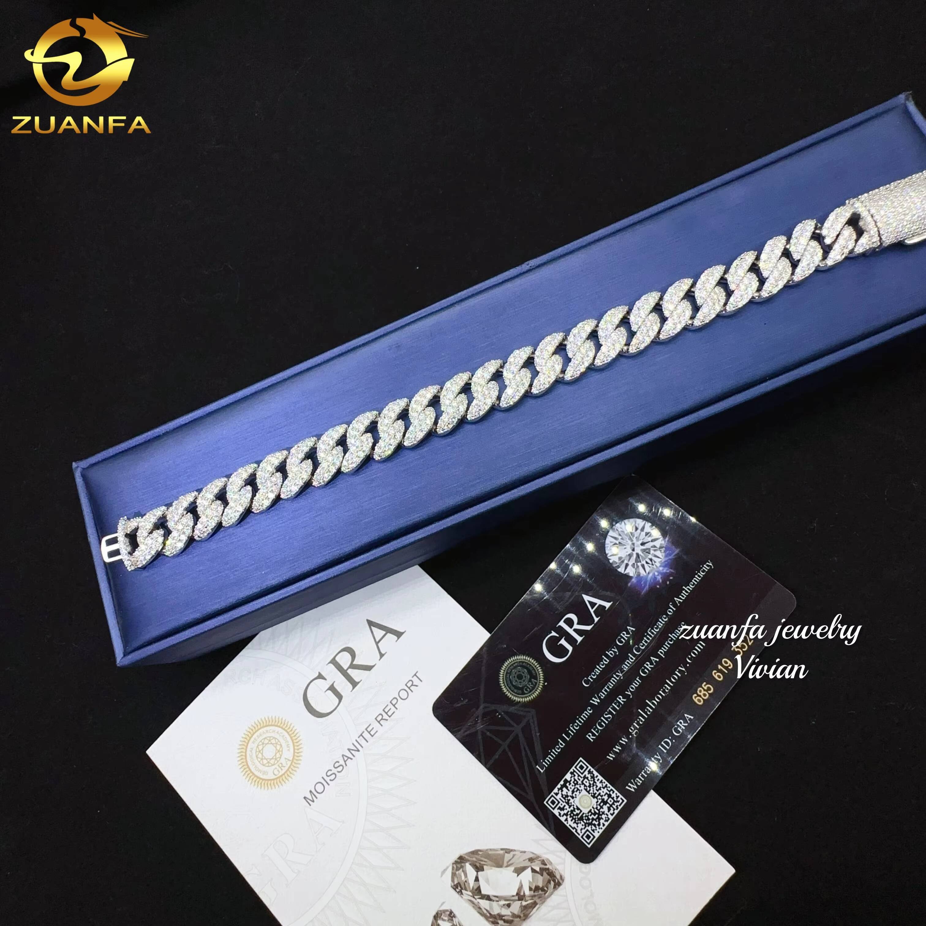 Fashion Fine Jewelry Sterling Silver 925 Vvs Moissanite Lab Diamond Hip Hop Iced Out Jewelry 12mm Cuban Link Chain Bracelet Men