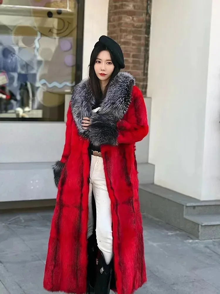 s Autumn Winter fashion Leopard Print Rabbit Fur Coat Fur Onepiece Thickened Warm Women Long Fox Fur Collar Coat 251027
