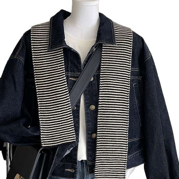 Elegant Black and White Thin Striped Color Matching Style Simple Decorative Short Warm Autumn Winter Women's Scarf