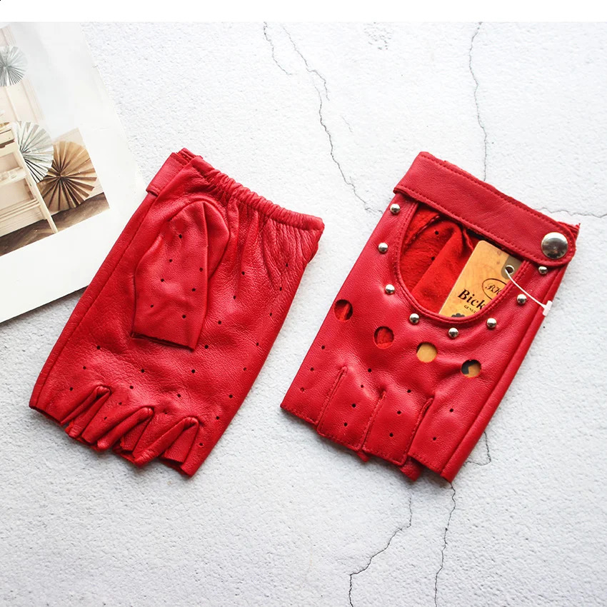 Summer Leather Driving Half Finger Gloves For Womens Fashionable Hollow Out Thin Motorcycle Riding Short Sheepskin Gloves 251027