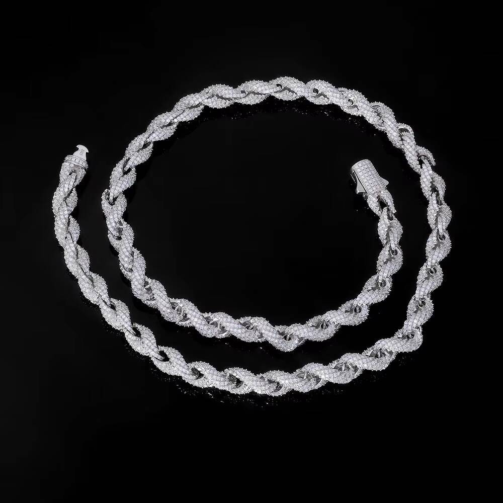 Hip Hop Jewelry Full Iced Out Moissanite Rope Chain Necklace 810mm 925 Sterling Silver Diamond Twisted Rope Chain for Men