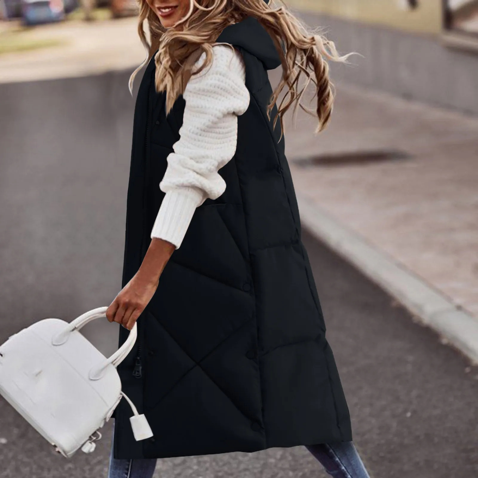 Sleeveless Coat Sweater Vests For Women Long Hoodie Warm Down Coat With Pockets Quilted Outdoor Jacket Vests Woman Winter 251027