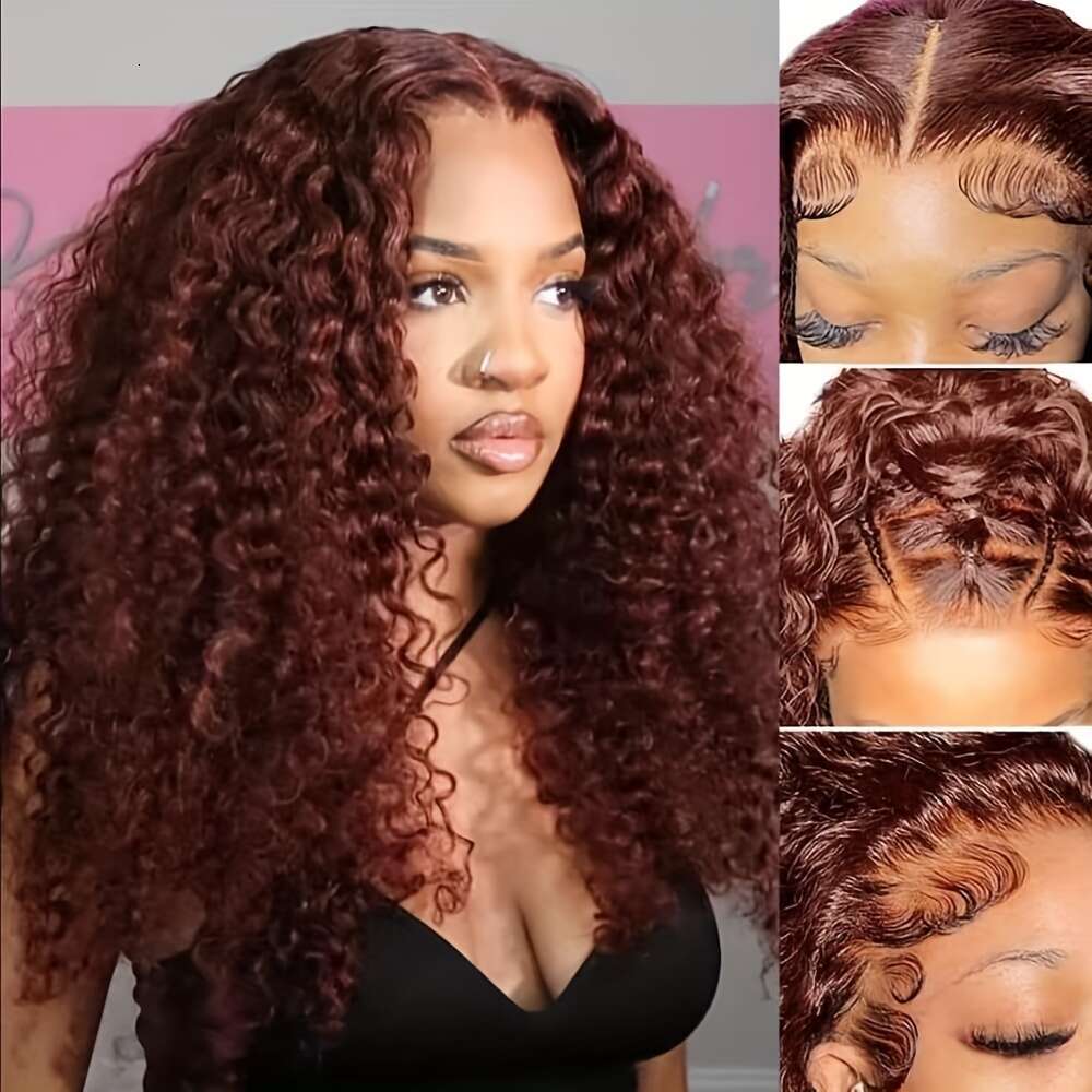 KLAIYI Reddish Brown 33B Jerry Curly 13X4 HD Lace Front - Glueless Pre-Plucked With Baby & Bleached Knots, 150% Density Brazilian Human Hair Wig For W