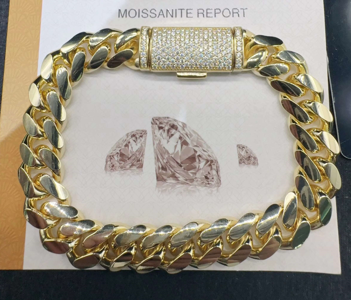 Fashion Sterling Silver 925 VVS Moissanite Lab Diamond Clasp Hip Hop Jewelry 14K Real Gold Plated Cuban Link Chain Bracelet