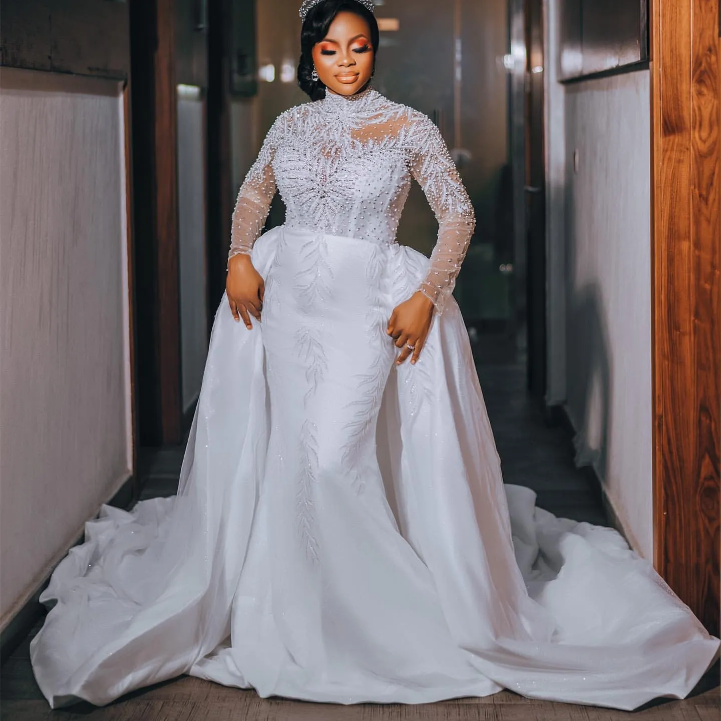 Arabic Aso Ebi Plus Size Mermaid Wedding Dress in Ivory with Lace Full Sleeves Pearls Crystals and Detachable Train