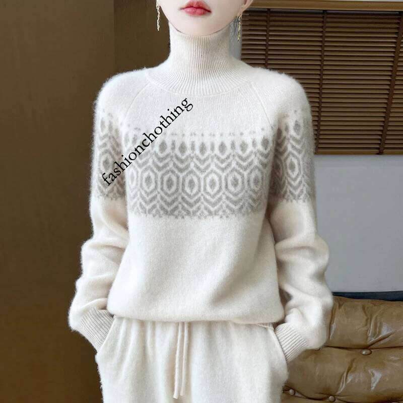 New Autumn/Winter 100% Merino Wool Sweater Casual Loose High Collar Pullover Fashion Korean Jacquard Women's Top