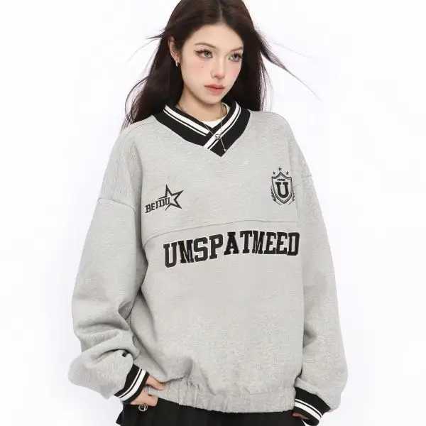 American Retro Letter Embroidery Shirt Unisex Hip Hop Vneck Sweatshirt for Men Women Autumn Winter Design Oversize Couple Tops J251028