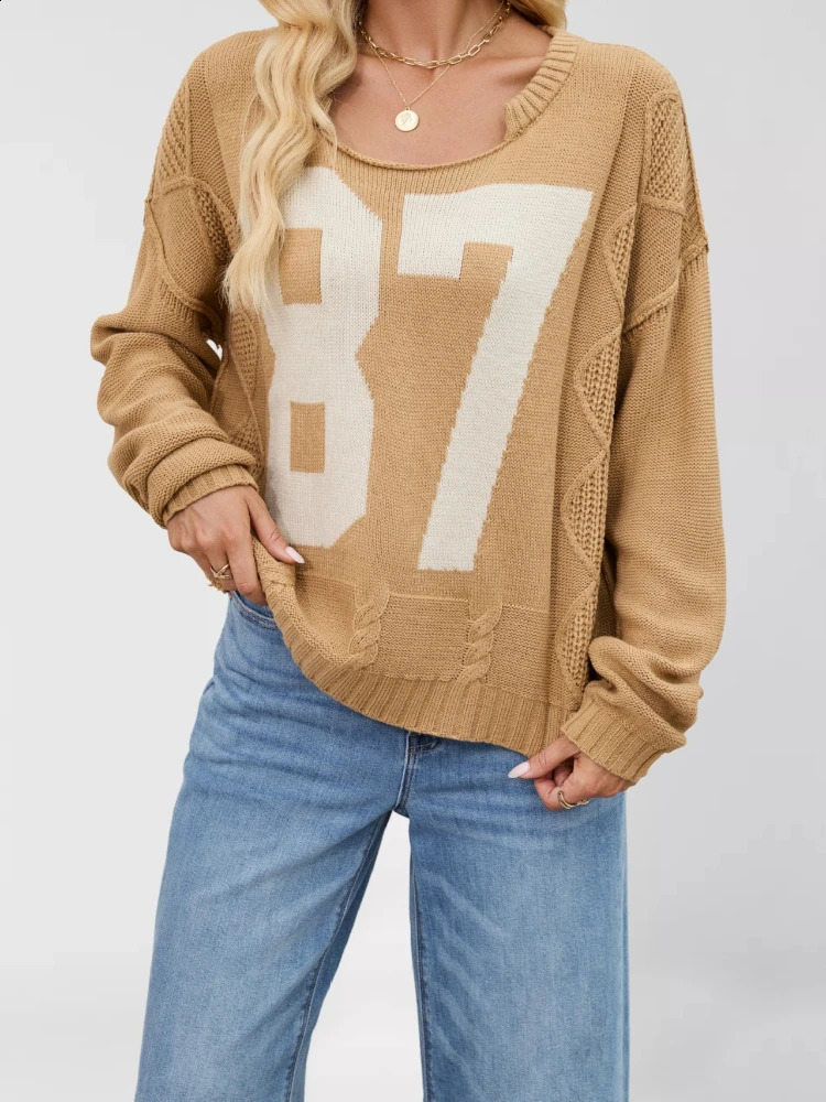 Women Top Pullovers Sweaters Round Neck Full Sleeve Jumpers Y2k Streetwear Elegant Splice Knit Print Letter Autumn Winter 251027