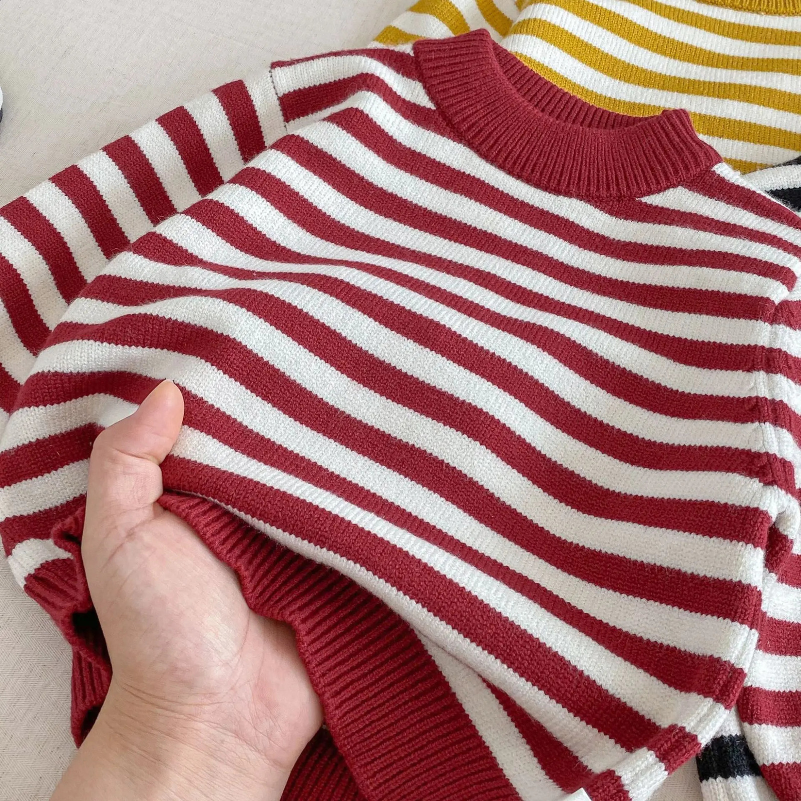 05Y Children Clothes Striped Sweater Korean Thickened Knit Pullover Toddler Inner Wear Winter Warm Jumper for Boys Girls 251027