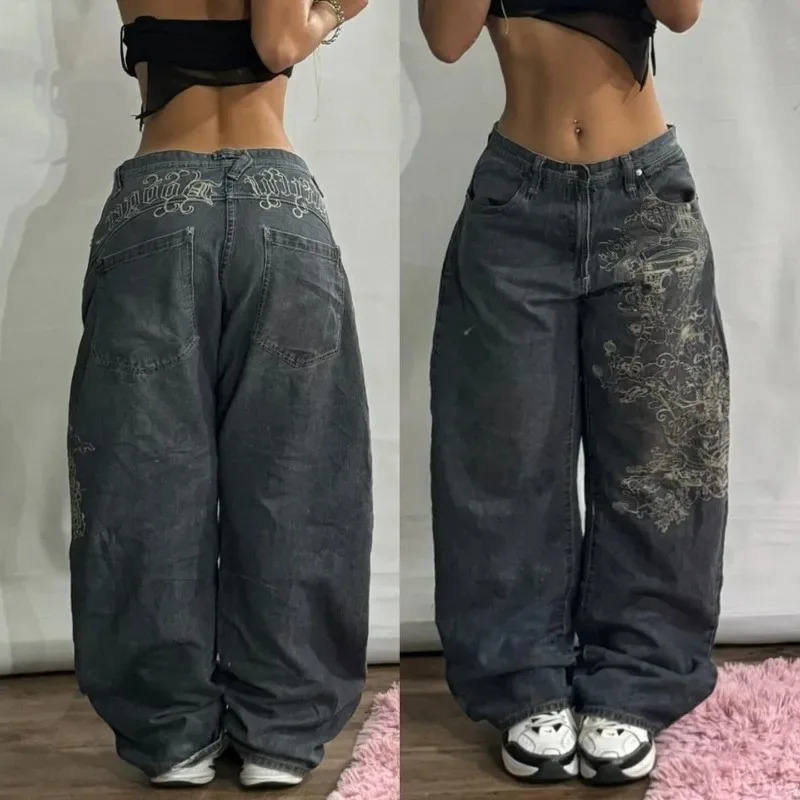 American Fashion Geometric Pattern Embroidered Baggy Jeans Women Y2K Harajuku Vintage Hiphop Casual Wideleg Pants 251027