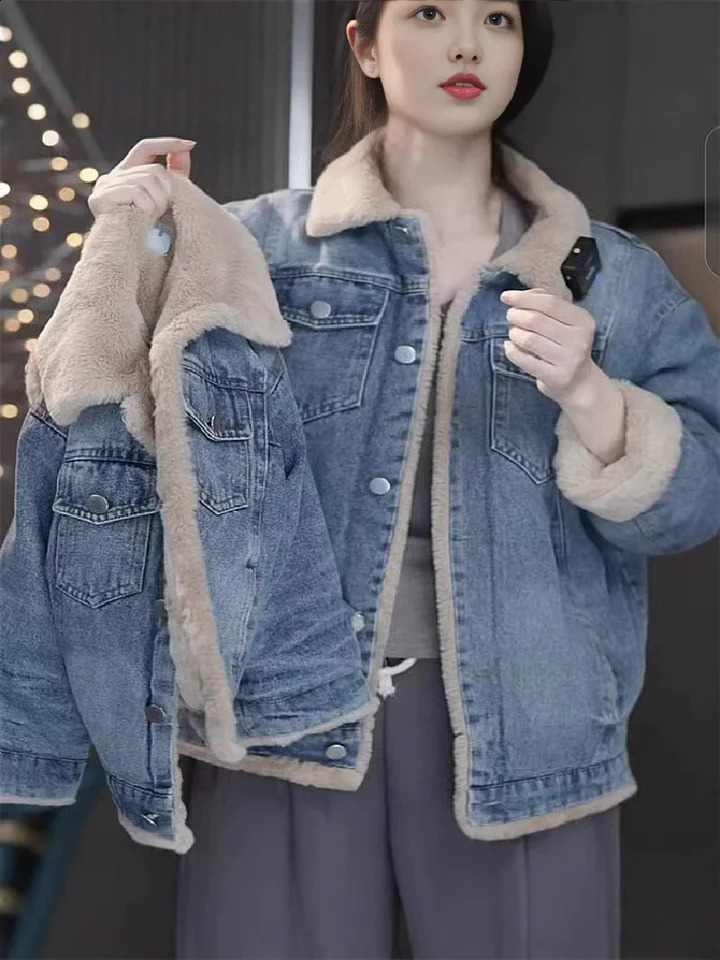 Girls Plus Velvet Jackets Winter Thick Warm Denim Coats Kids Padded Parka Children Loose Lapel Outerwear Casual Snowsuits 251027