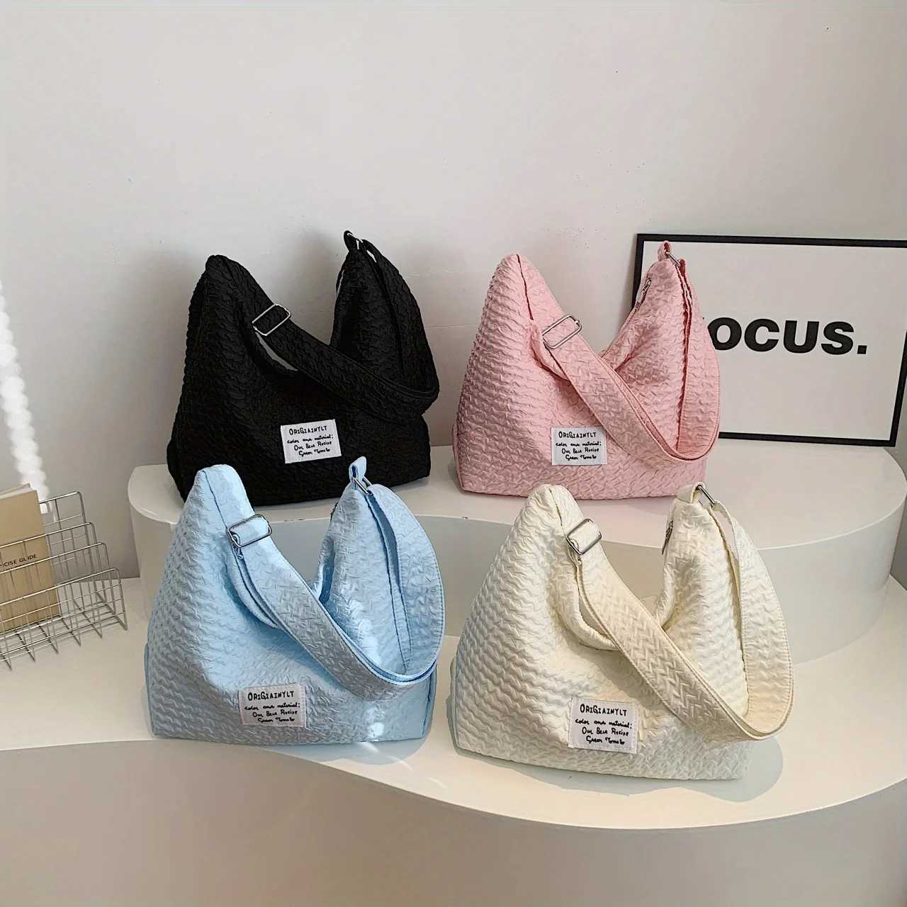 Solid Color Large Capacity Nylon Tote Bag Simple Lightweight Shoulder Bag Wide Shoulder Strap Crossbody BagT251028